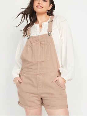 Old Navy Slouchy Straight Tan Short Denim Overalls NEW